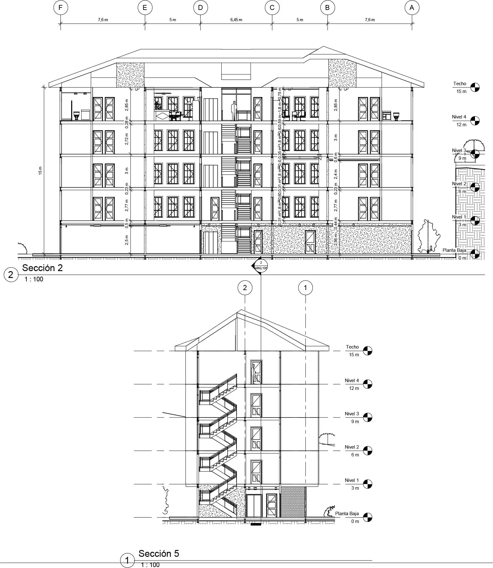 plano de arquitectura de un edificio, corte lateral