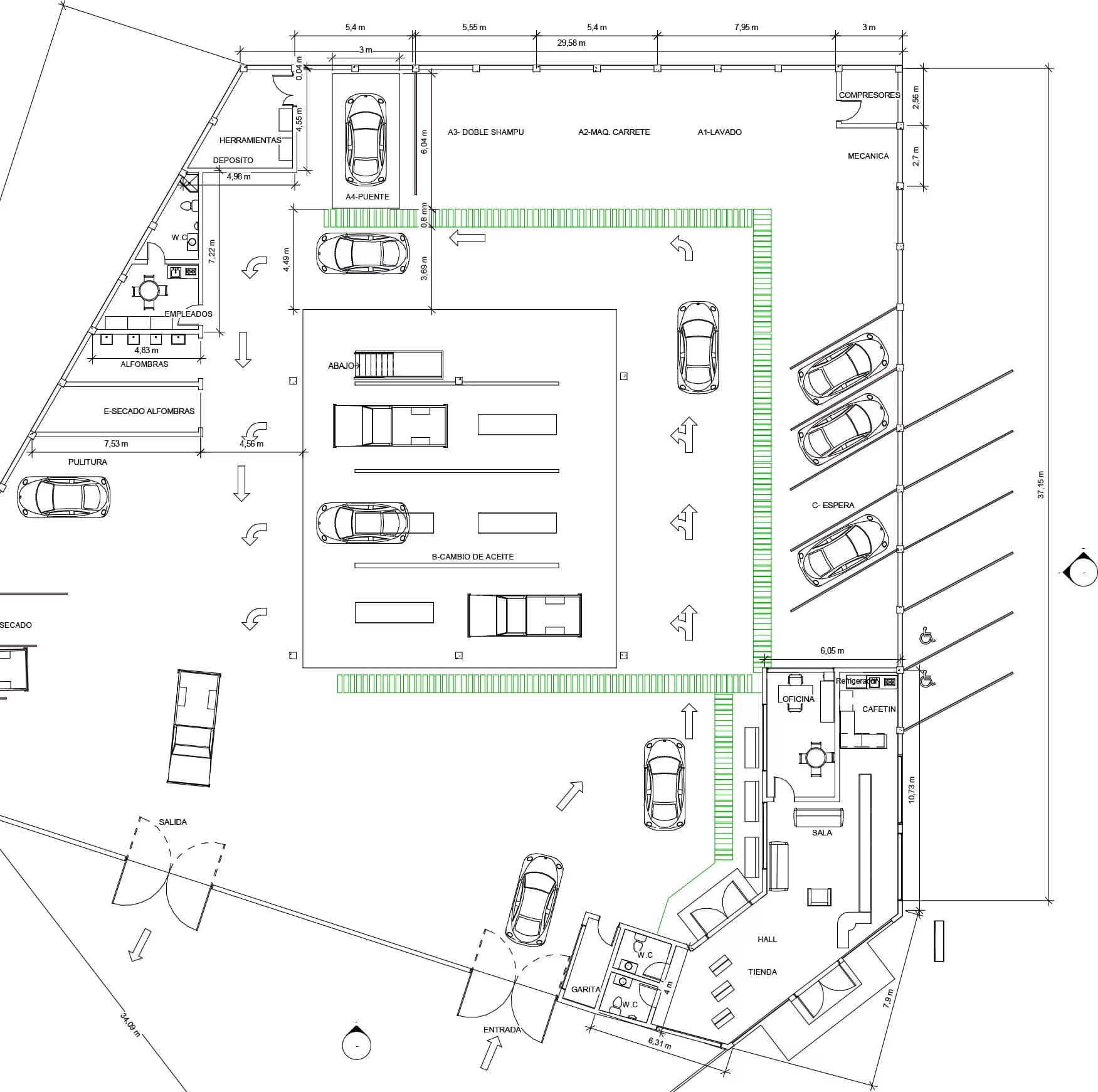 plano de arquitectura de un autolavado visto desde arriba